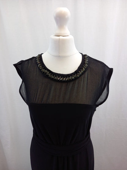 monsoon black dress 12 beaded neckline sheer shoulders front ruched belt BNWT