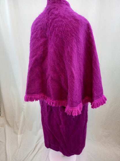 Weill Paris Magenta Wool Vintage Long Cape / Shawl Asymmetrical Tasselled Hem