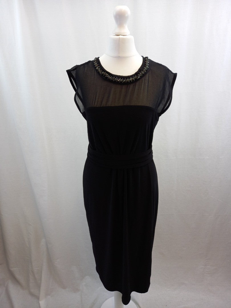 monsoon black dress 12 beaded neckline sheer shoulders front ruched belt BNWT