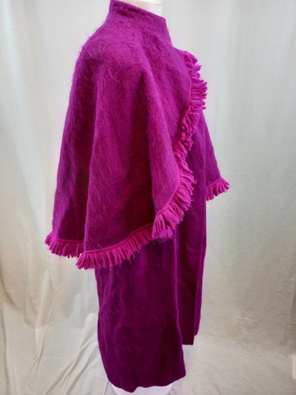 Weill Paris Magenta Wool Vintage Long Cape / Shawl Asymmetrical Tasselled Hem