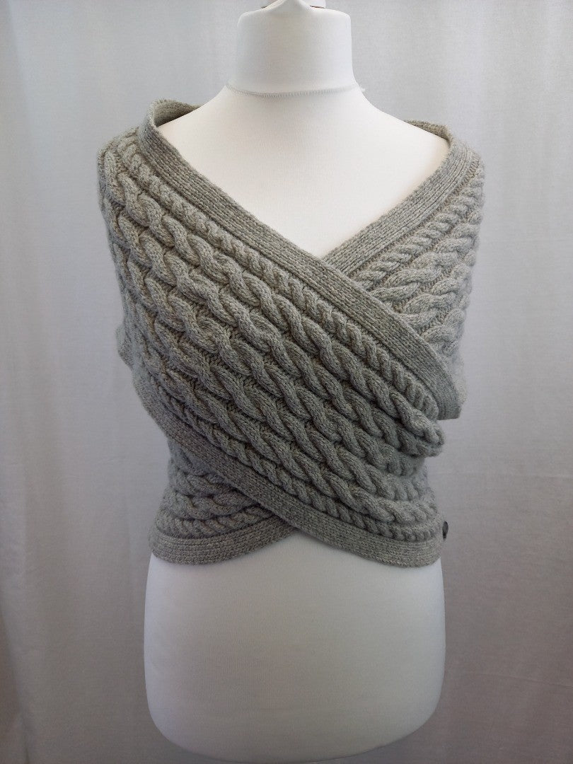 Out of Ireland Fisherman Grey Cable Knit Wool Bodywarmer Wrap - Size L