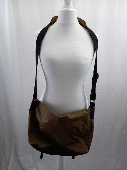 ally capellino cross body bag olive green canvas and leather brown fabric strap