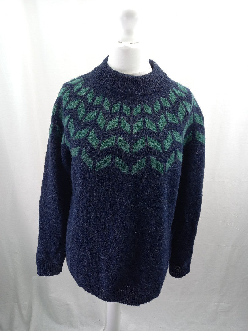 celtic and co navy blue and green jumper wool round neck fairisle pattern large