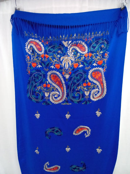 az factory scarf camel wool embroidered royal blue turquoise and coral