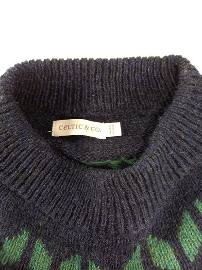 celtic and co navy blue and green jumper wool round neck fairisle pattern large