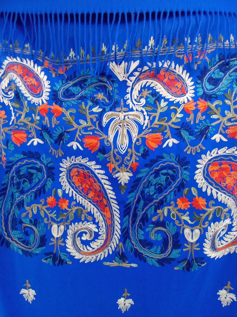 az factory scarf camel wool embroidered royal blue turquoise and coral