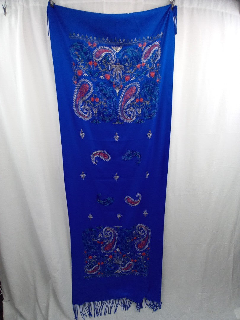 az factory scarf camel wool embroidered royal blue turquoise and coral