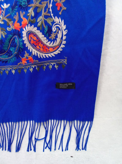 az factory scarf camel wool embroidered royal blue turquoise and coral