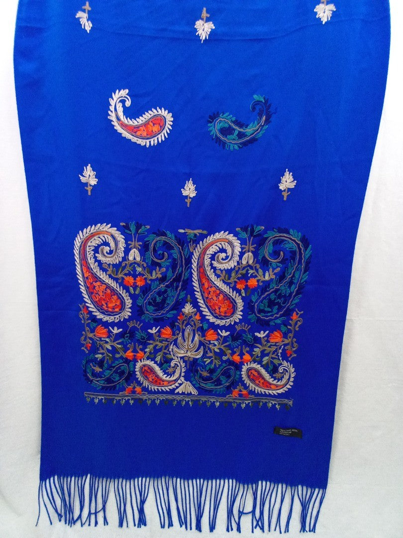 az factory scarf camel wool embroidered royal blue turquoise and coral