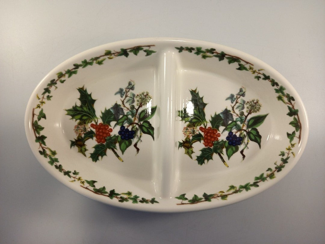 portmerion holly and ivy fire & ice divided serving dish 2 compartments oval