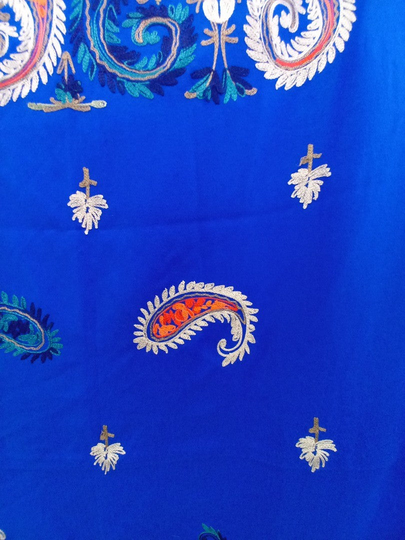 az factory scarf camel wool embroidered royal blue turquoise and coral