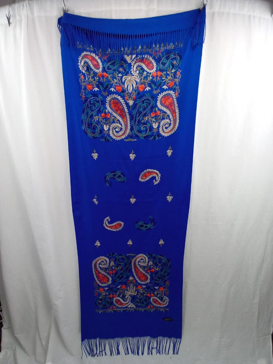 az factory scarf camel wool embroidered royal blue turquoise and coral