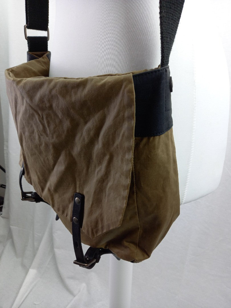 ally capellino cross body bag olive green canvas and leather brown fabric strap