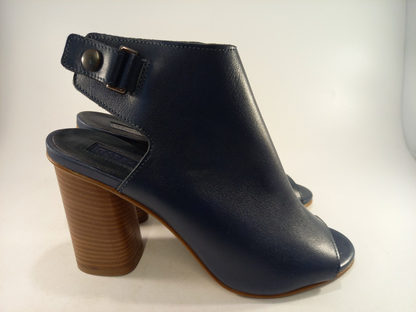 Top Shop Nala Navy Leather Chucky Heels Popper Fastening Peep Toe Size 6 Brand New