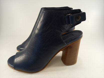 Top Shop Nala Navy Leather Chucky Heels Popper Fastening Peep Toe Size 6 Brand New