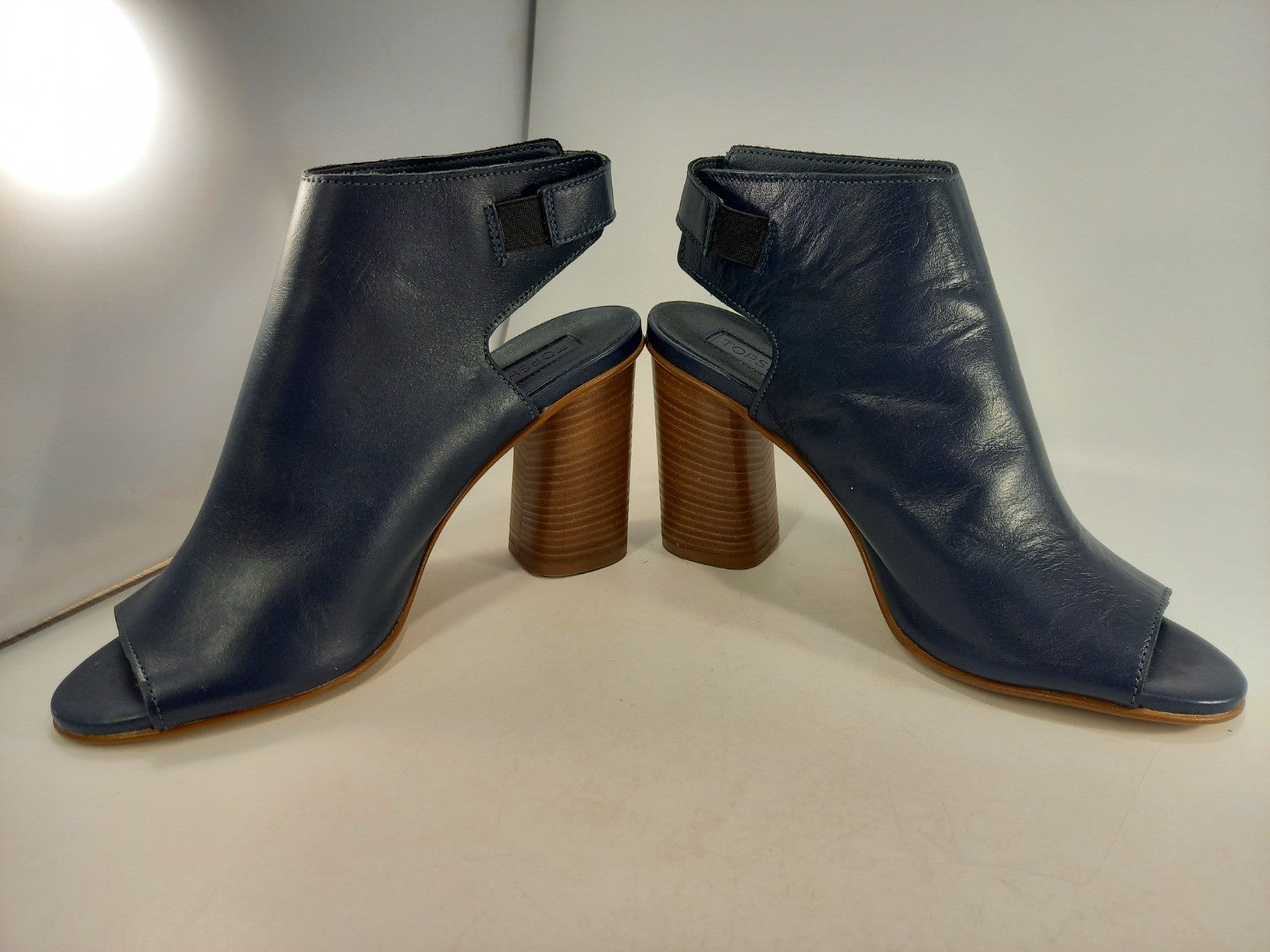 Top Shop Nala Navy Leather Chucky Heels Popper Fastening Peep Toe Size 6 Brand New