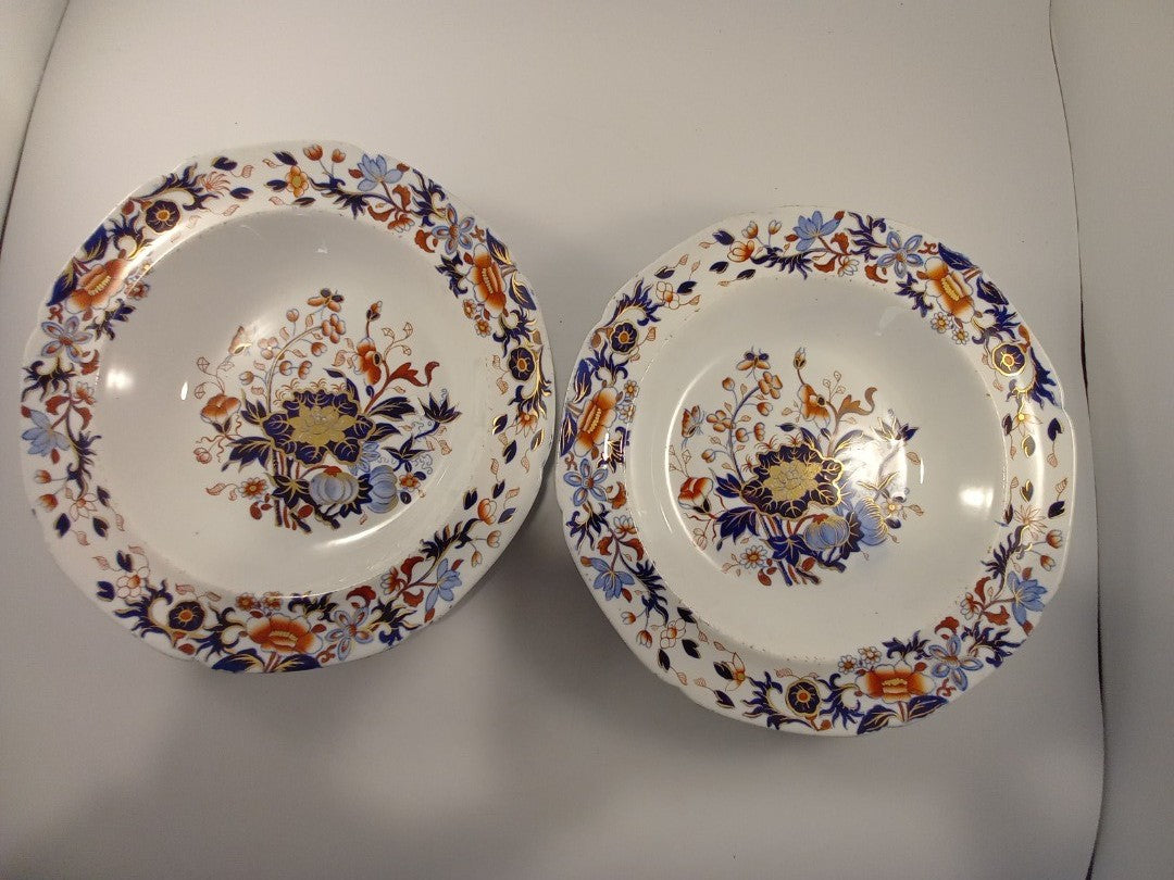 spode soup bowls x2 new stone 3504 white blue soft red floral flowers