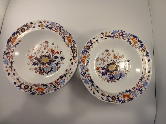 spode soup bowls x2 new stone 3504 white blue soft red floral flowers