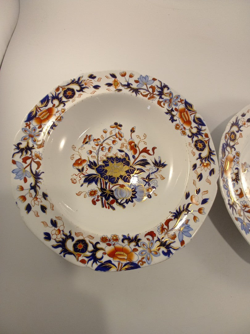 spode soup bowls x2 new stone 3504 white blue soft red floral flowers