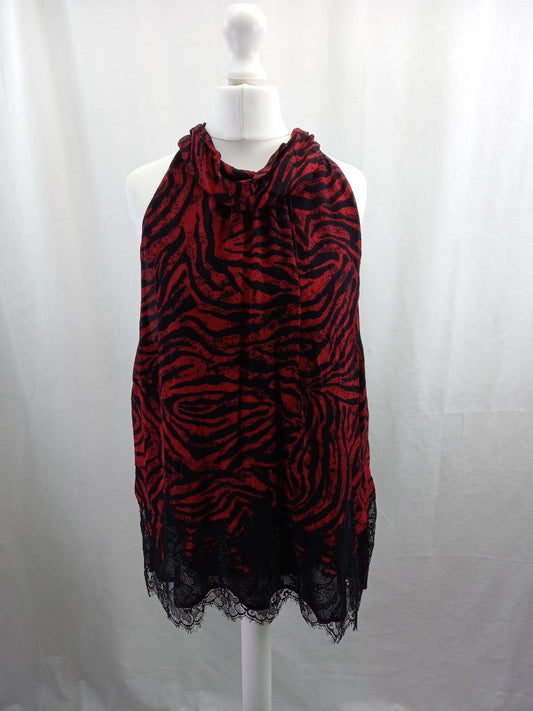 mint velvet top tie neck with button red and black with lace size 18 BNWT