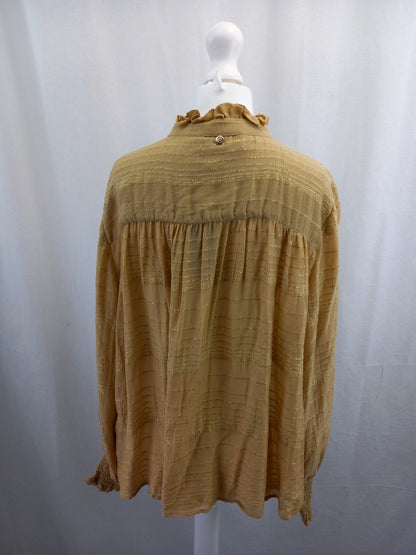 mos mosh blouse top mustard with gold thread frill neck size m with fault RRP129