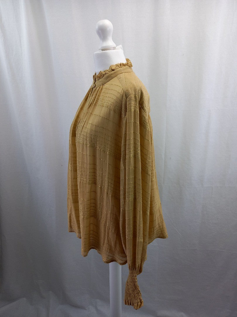 mos mosh blouse top mustard with gold thread frill neck size m with fault RRP129