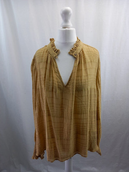 mos mosh blouse top mustard with gold thread frill neck size m with fault RRP129