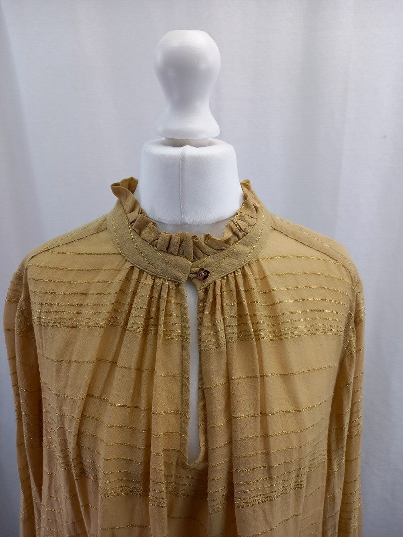 mos mosh blouse top mustard with gold thread frill neck size m with fault RRP129