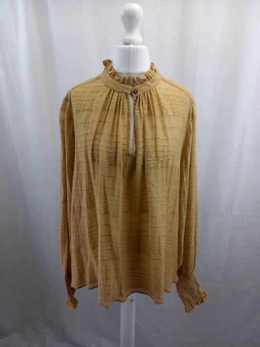 mos mosh blouse top mustard with gold thread frill neck size m with fault RRP129