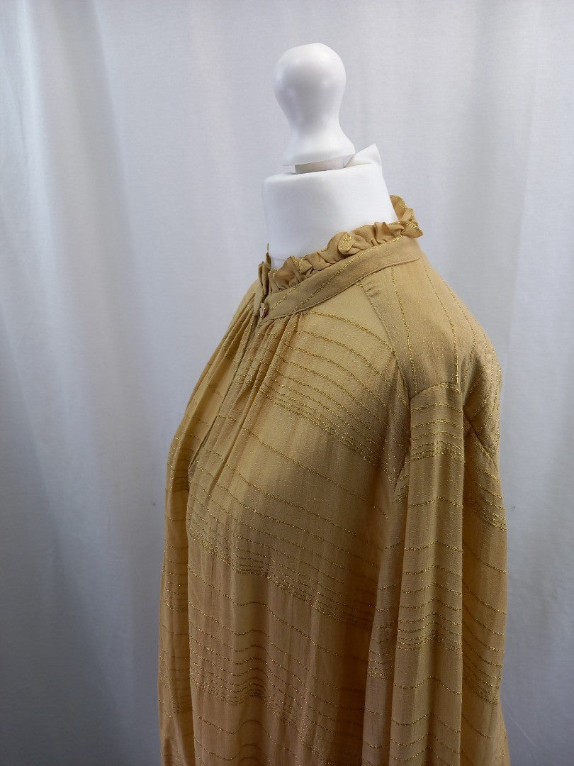 mos mosh blouse top mustard with gold thread frill neck size m with fault RRP129