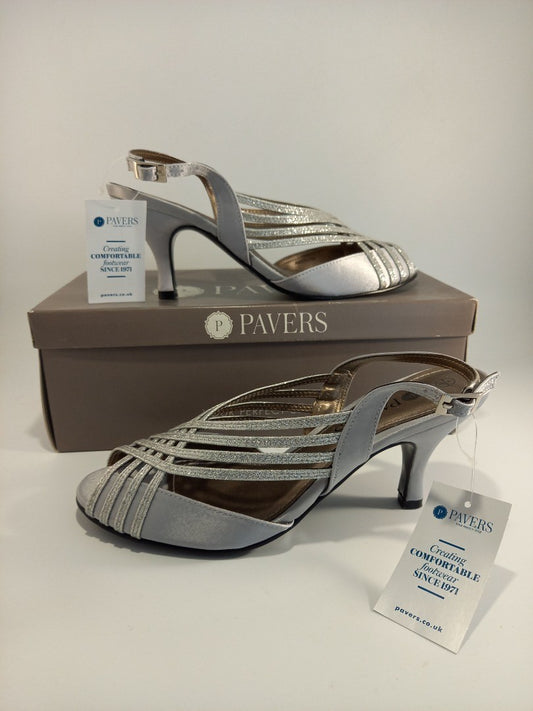 Pavers Silver Satin Glitter Heeled Party Shoes New in Box - Size UK 4