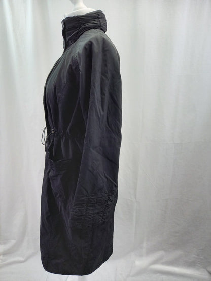 Per Una Black Knee Length Mac / High Neck Coat with Drawstring Waist - Size L