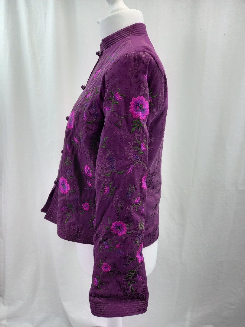 Monsoon Purple Floral Embroidered Silk Blend High Neck Jacket - Size UK 14