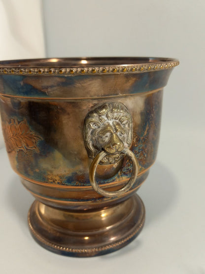 Hand Engraved Silver Plated Ornate Vintage Lion Handle Ice Bucket and Tongs