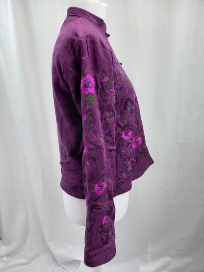 Monsoon Purple Floral Embroidered Silk Blend High Neck Jacket - Size UK 14