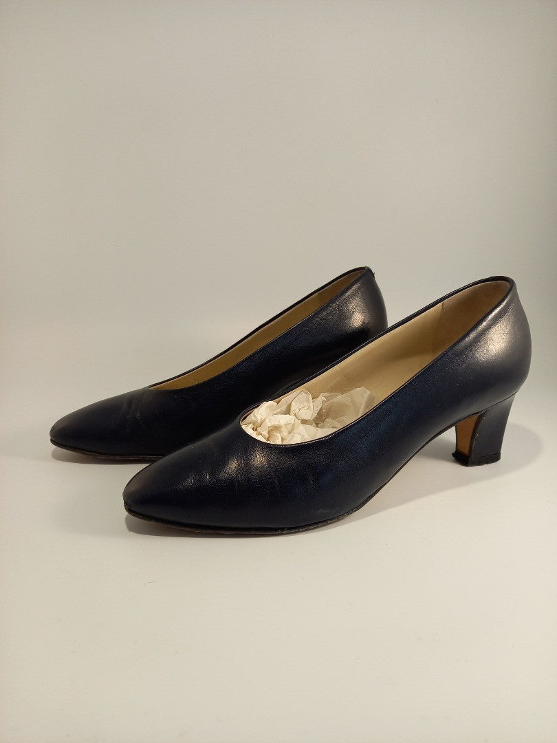 Bally Navy Blue Leather Block Court Heel Vintage Shoes - Size UK 2.5 EU 34.5