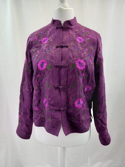 Monsoon Purple Floral Embroidered Silk Blend High Neck Jacket - Size UK 14