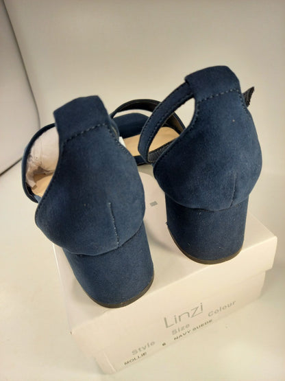 Linzi Navy Faux Suede Block Heel Sandals Size 6 BNIB