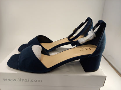 Linzi Navy Faux Suede Block Heel Sandals Size 6 BNIB