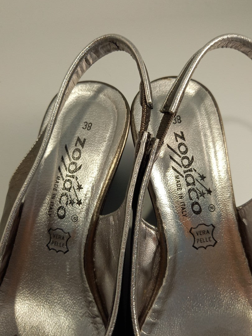 Zodiaco Metallic Grey Leather Butterfly Open Toe Wedge Heels - Size UK 5