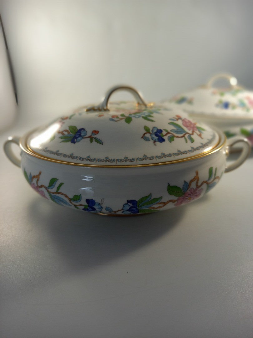 aynsley pembroke lidded serving bowls x2 tureen 22cms white pink blue floral