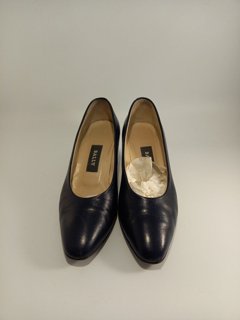 Bally Navy Blue Leather Block Court Heel Vintage Shoes - Size UK 2.5 EU 34.5