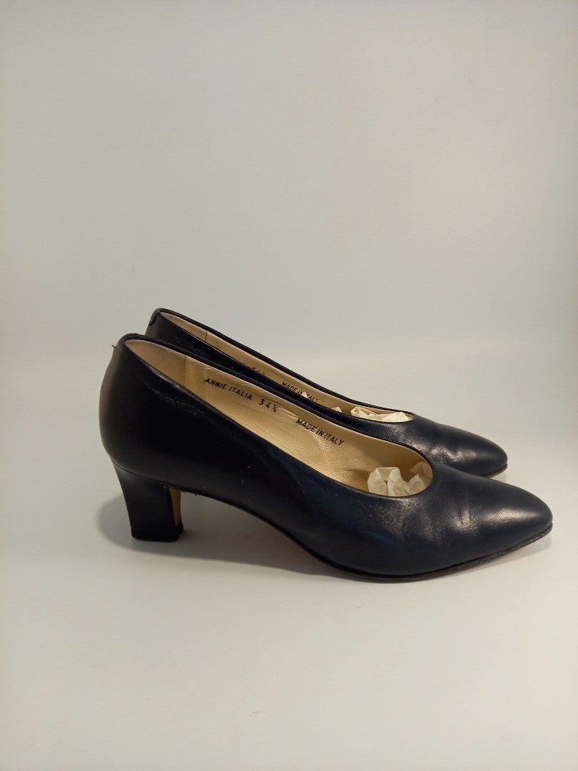 Bally Navy Blue Leather Block Court Heel Vintage Shoes - Size UK 2.5 EU 34.5