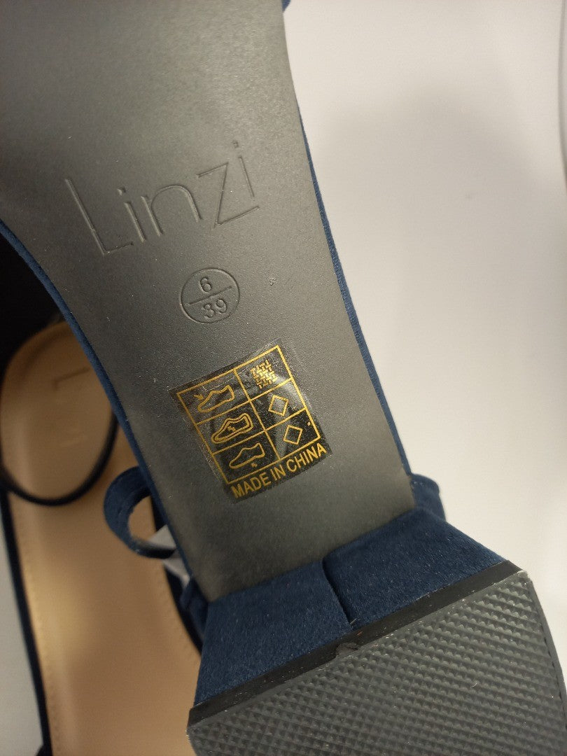 Linzi Navy Faux Suede Block Heel Sandals Size 6 BNIB