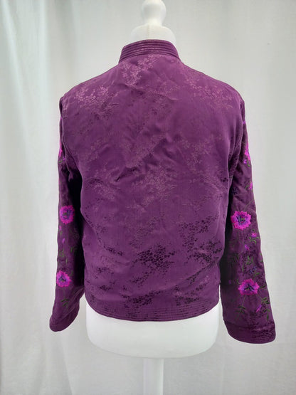 Monsoon Purple Floral Embroidered Silk Blend High Neck Jacket - Size UK 14