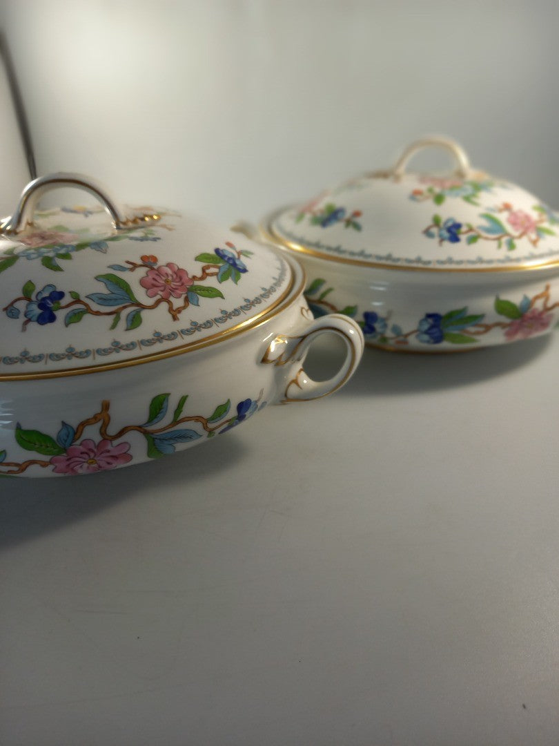 aynsley pembroke lidded serving bowls x2 tureen 22cms white pink blue floral