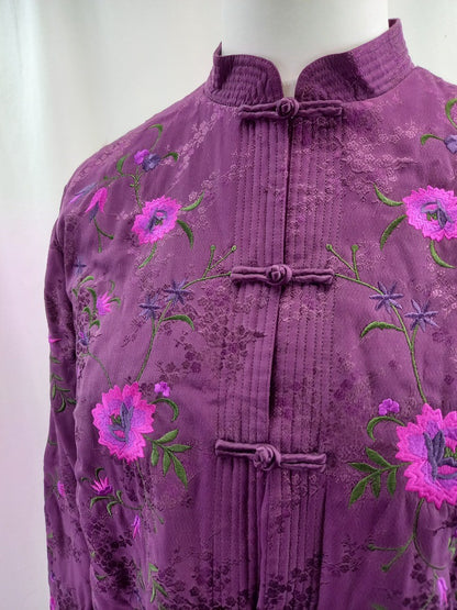 Monsoon Purple Floral Embroidered Silk Blend High Neck Jacket - Size UK 14