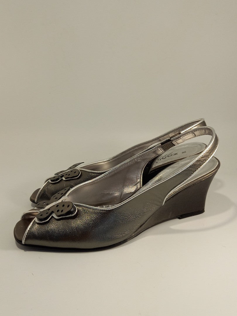 Zodiaco Metallic Grey Leather Butterfly Open Toe Wedge Heels - Size UK 5