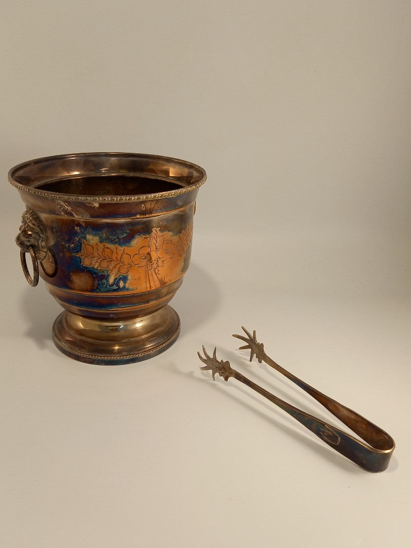 Hand Engraved Silver Plated Ornate Vintage Lion Handle Ice Bucket and Tongs