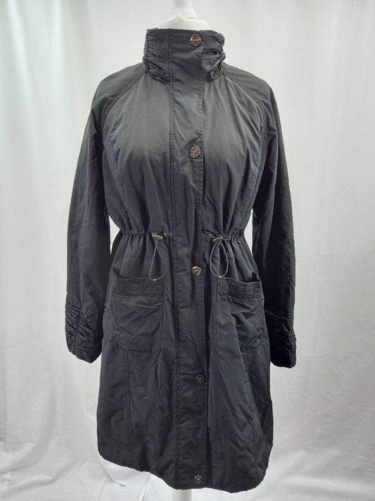 Per Una Black Knee Length Mac / High Neck Coat with Drawstring Waist - Size L